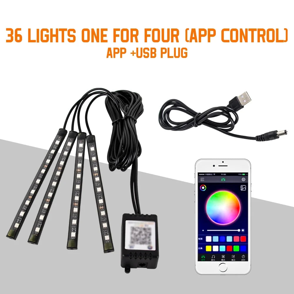 Neon 36 48 72 LED Car Interior Ambient Foot Light Wireless Remote Music APP Control Auto RGB Atmosphere Decorative Lamp My Store