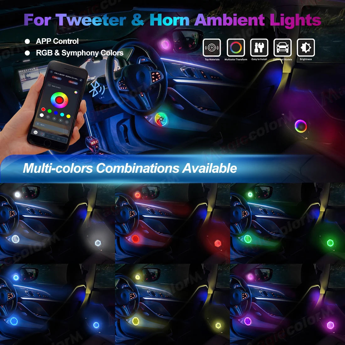 5.9in/4.13inch Symphony RGB Horn Tweeter Ambient Light Universal Car Interior Atmosphere Lamps Audio Hood Decoration APP Control My Store