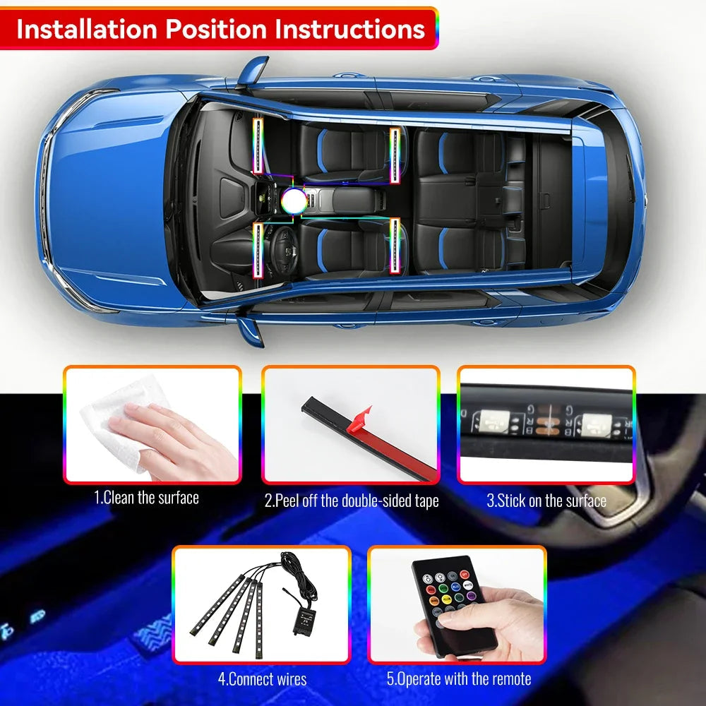 Neon 36 48 72 LED Car Interior Ambient Foot Light Wireless Remote Music APP Control Auto RGB Atmosphere Decorative Lamp My Store
